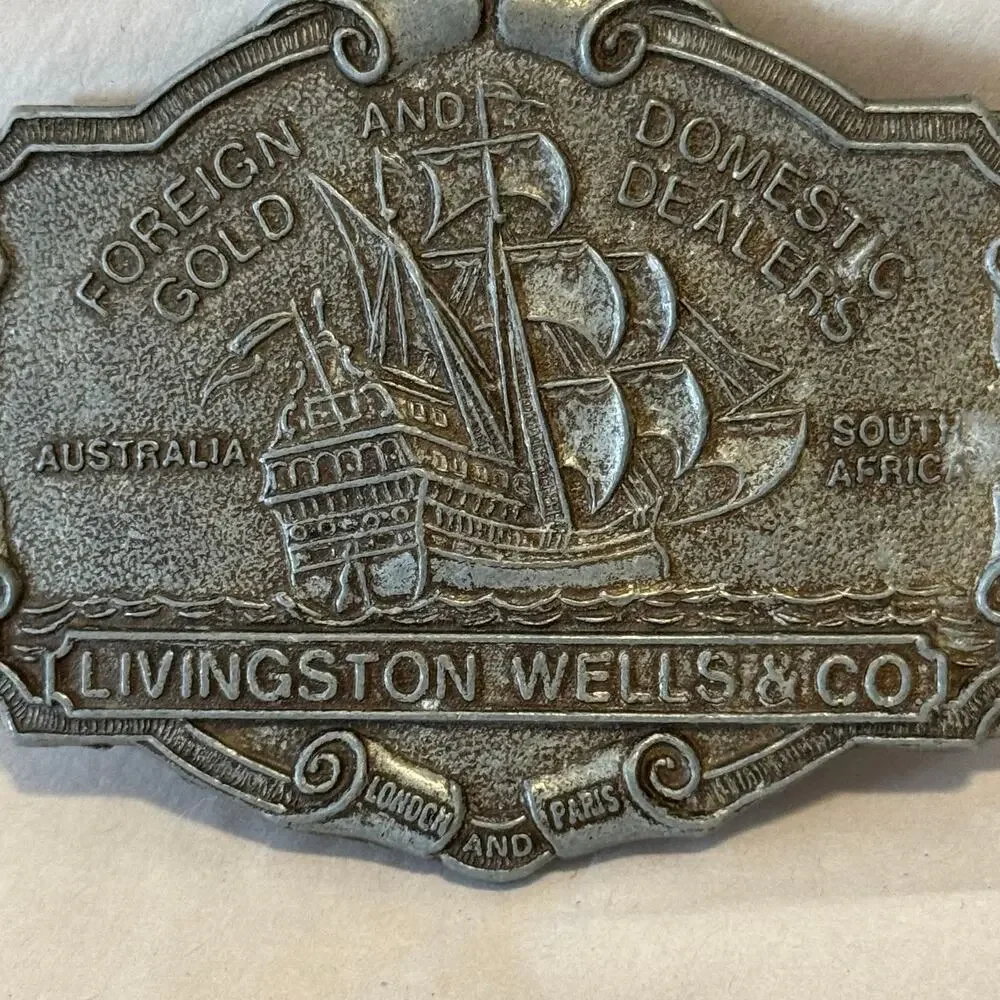 Vintage Circa 70s Pewter Livingston Wells & Co Gold Dealers Belt Buckle
